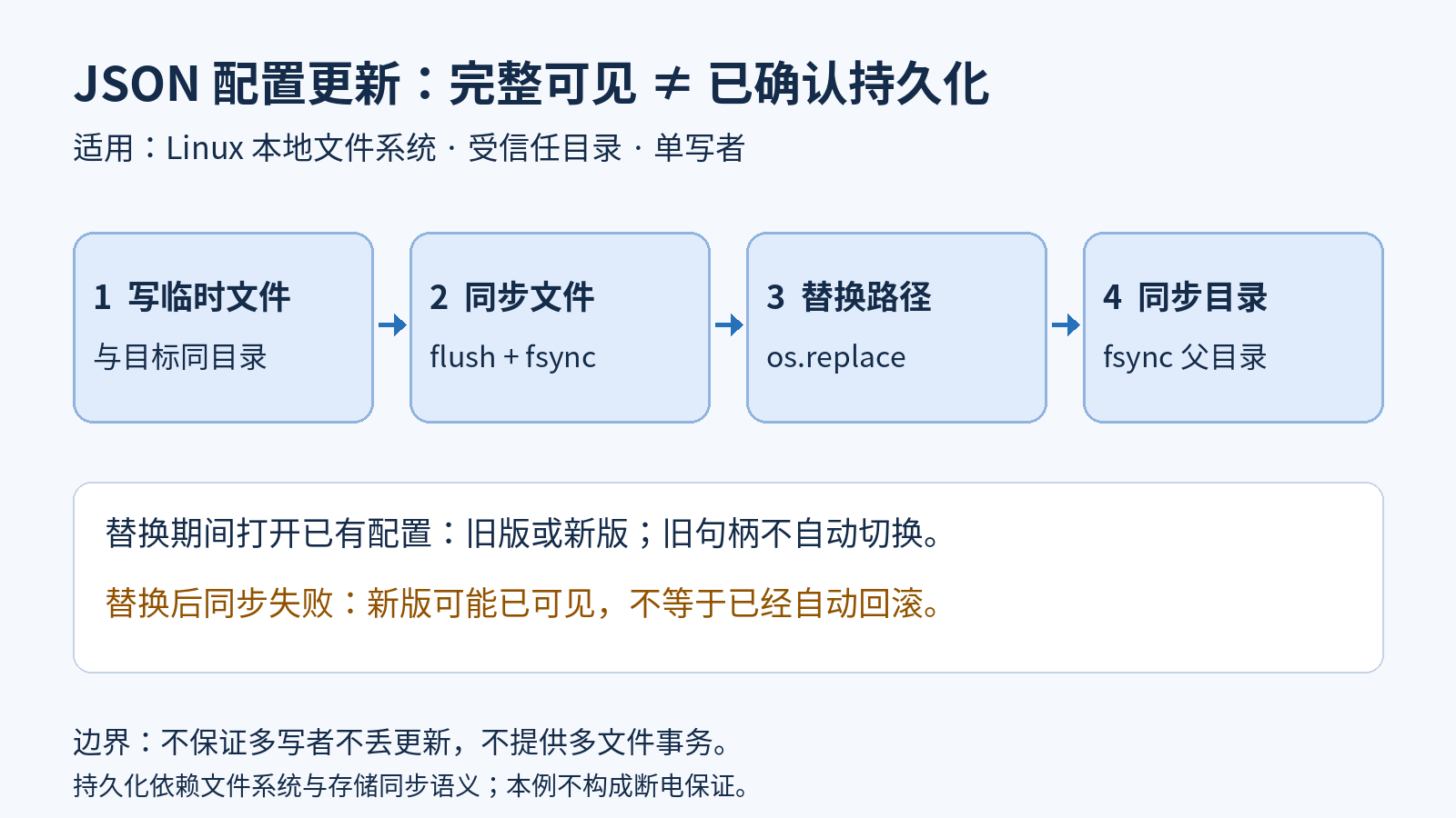 Linux单写者JSON配置更新:先写同目录临时文件,同步文件,再原子替换路径,最后同步父目录